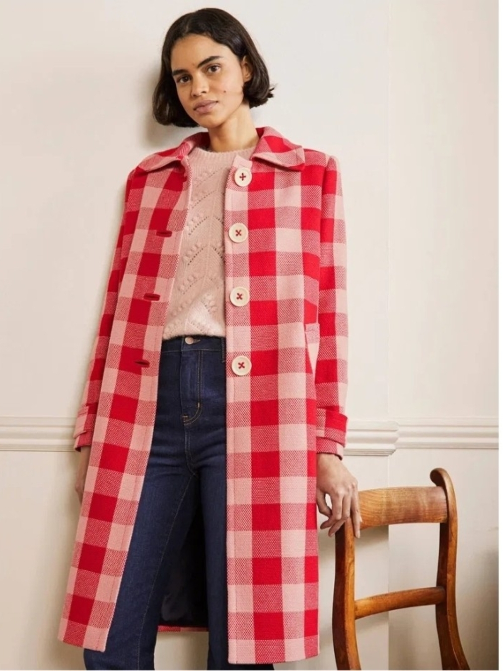 Boden Pink and Red Checked Long Coat - Size 16/18